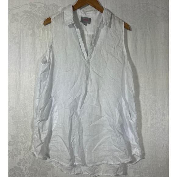 FORCYNTHIA Beachwear Tops - ForCynthia Beachwear 100% Linen Tank XL White Collar Pockets Cover Up